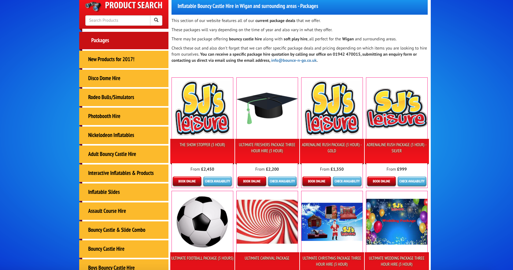 This image shows the Party Packages page of the Bounce-N-Go website. Bounce-N-Go are Wigan's number one bouncy castle hire company.