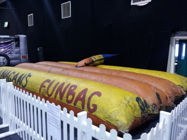 This image shows one of the first ever bouncy castles to be made One of the earliest bouncy castles ever manufactured